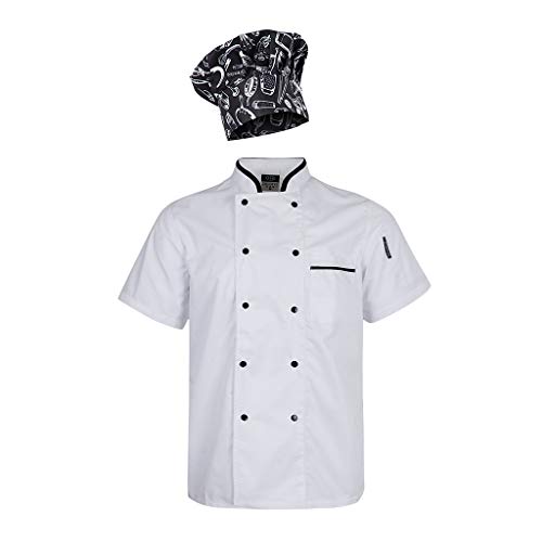 Chaqueta con Gorra de Chef Unisex 2XL Panadero para Escuelas de Hostelería Restaurantes - blanco negro, 2XL