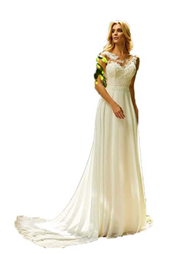 CoCogirls - Vestido de boda para playa, con encaje, cuello en O, gasa, confeccionado a mano, vestido de novia o fiesta Blanco 54