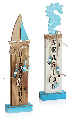 com-four® Exhibición Decorativa 2X en un Estilo marítimo con iluminación LED - Pedestal Decorativo para Colocar - Figuras Decorativas [la selección varía] (02 Piezas - marítimo - 42cm)