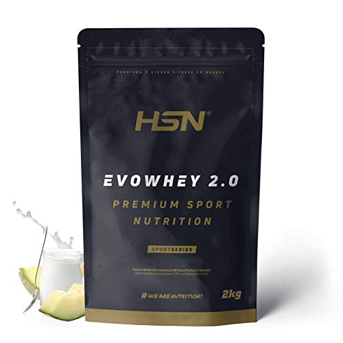 Concentrado de Proteína de Suero Evowhey Protein 2.0 de HSN | Whey Protein Concentrate| Batido de Proteínas en Polvo | Vegetariano, Sin Gluten, Sin Soja, Sabor Yogur Melón, 2Kg