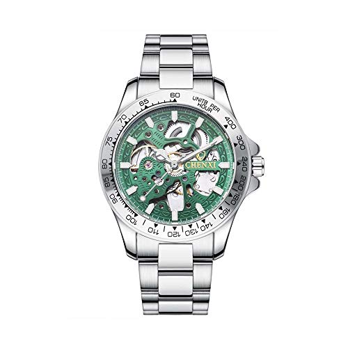 CXJC Los hombres de negocios relojes en una variedad de colores, estilo luminosa impermeable hueco de múltiples funciones de los relojes mecánicos, acero inoxidable Correa (Color : Silver+Green)