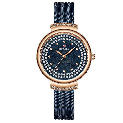 CXJC Relojes de las señoras con incrustaciones de diamantes de alta calidad, relojes deportivos de ocio de Milán Net Belt Damas, azul, púrpura, oro y oro rosa están disponibles en cuatro colores