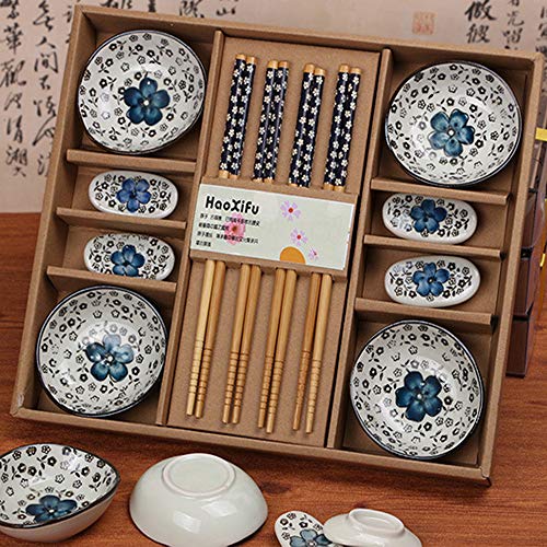 Dätenky - Juego de cubiertos de cerámica para sushi, para cuatro personas, platos, palillos y palillos, color azul