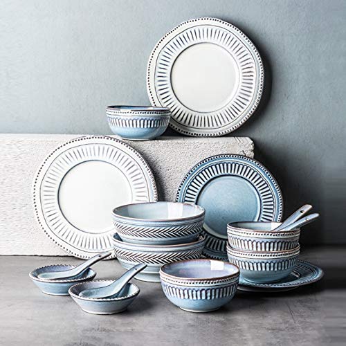 De vajilla de cerámica, 16 piezas de vajilla de porcelana artesanal en relieve | Plato de carne y cuenco de sopa retro azul y blanco para restaurante especial De vajilla de cerámica, 16 piezas de vajilla de porcelana artesanal en relieve | Plato de carne y cuenco de sopa retro azul y blanco para restaurante especial