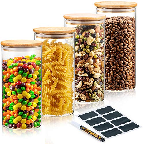 Deco Haus Set 4 1400ml Tarros de Cristal Reutilizables Tapa Bambú - Herméticos, Aptos Lavavajillas y Microondas - Contenedor para Galletas, Pasta, Comida Seca, Cereales - Alto 20cm Diámetro 10cm