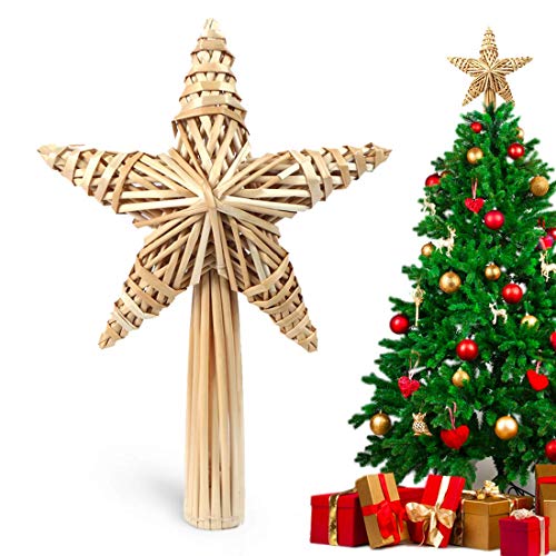 Decoración natural para árbol de Navidad, diseño de estrellas de árbol de Navidad en 3D hecha de paja para adorno de vacaciones o decoración del hogar, 30 cm, hecho a mano