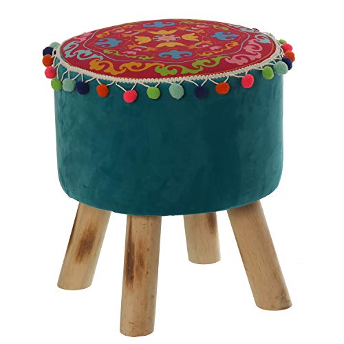 DRW Taburete Redondo de Madera y Tela con Dibujos y Bordado Estilo étnico 30x30x37cm DRW Taburete Redondo de Madera y Tela con Dibujos y Bordado Estilo étnico 30x30x37cm