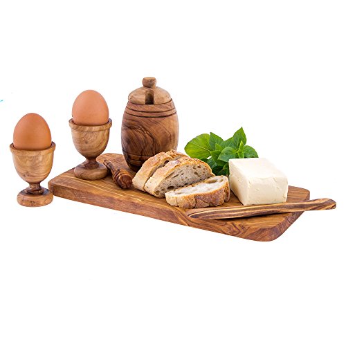 Elitecrafters - Juego de desayuno hecho a mano de madera de olivo para miel, 2 hueveras, cuchillo de mantequilla, tabla de servir/cortar