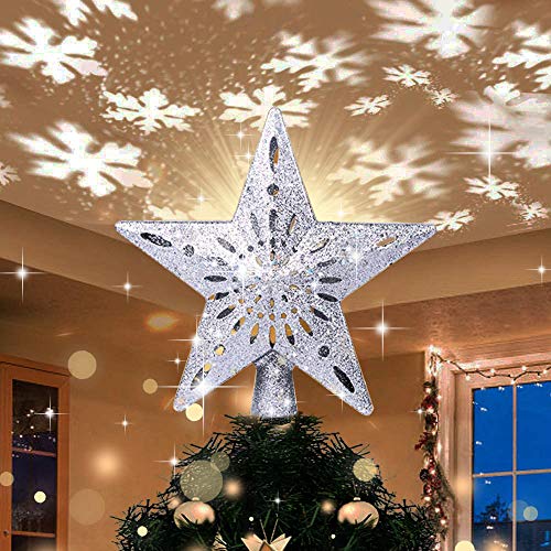 Estrella de Navidad para Árbol con Proyector LED, Efecto de Lluces de Copo de Nieve Blanco Giratorio Brillantes, Adorno de Árbol de Navidad Dorado brillante para Decoraciones de Árboles de Navidad
