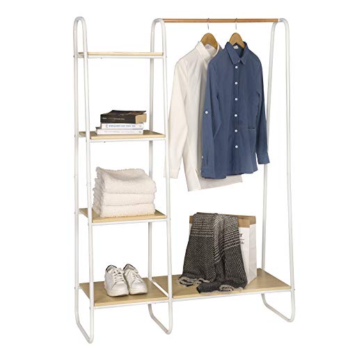 EUGAD Perchero Estanteía Colgante Perchero de Pie Perchero de Soporte Zapato Rack de Ropa Estantes de Almacenamiento Madera y Metal con 4 Estantes 102x40x150cm Blanco+Roble Claro 0073XJYJ