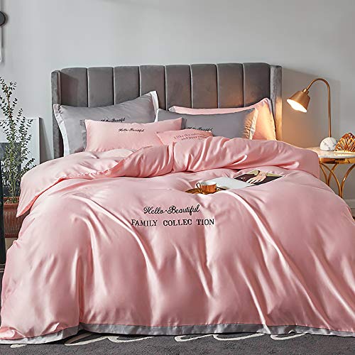 FGVBC Bedding Set Full Size, Bedding Set Full Silk Satin Pink Sets Double King Luxury Full Size Twin Duvet Covers Bed Quilt Cover Flat Sheet Soft Modern Simplicity