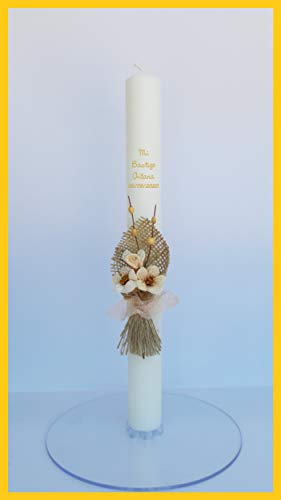 FIESTADEKOR Vela (CIRIO) para Bautizo DE Cera Blanca. Medida 3x30 CM Decorada con Pick Floral RÚSTICO Y Cinta ARPILLERA. (30 CM Personalizada)