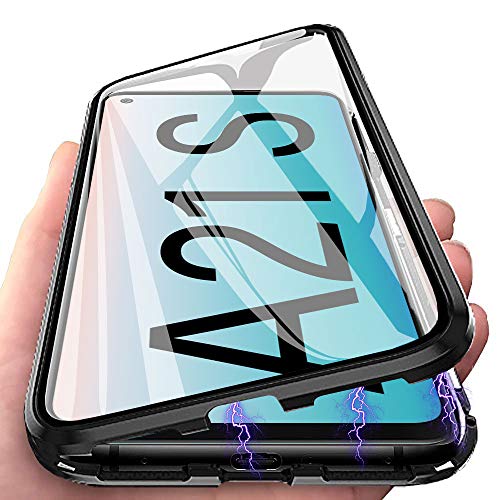 Funda para Samsung Galaxy A21s Carcasa Adsorción Magnética, E-Lush Funda 360 Grados Protección Transparente Caso Metal Flip Cover Frontal y Posterior Vidrio Templado Anti Choque Case Cover, Negro