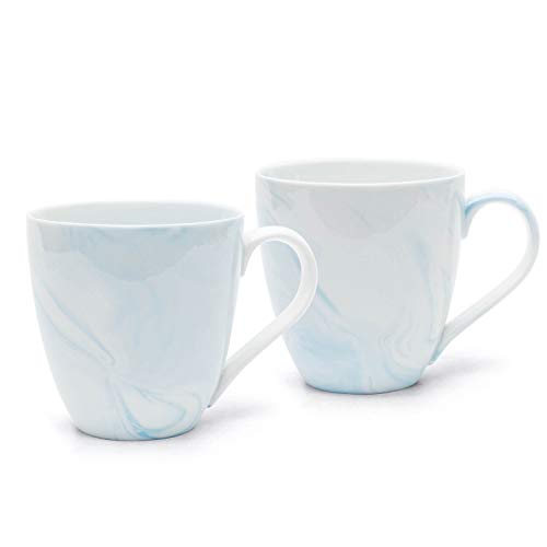Hausmann & Söhne XL Taza de Porcelana Blanca Grande en mármol Azul Claro | Taza 350 ml (400 ml rebosante), Set de 2, Taza de café/té Grande | Taza mármol | Idea de Regalo