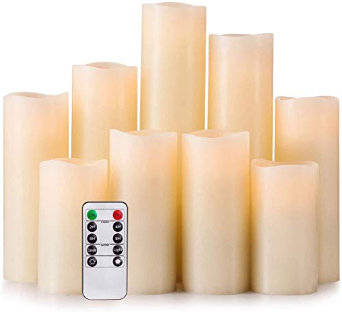 Hausware Paquete de 9 Velas Sin Llama,Velas con Pilas H 4"5" 6"7" 8"9" Vela de LED Real de Pilar de Cera Que Parpadea con Control Remoto,Marfil -Clase de Eficiencia Energética A