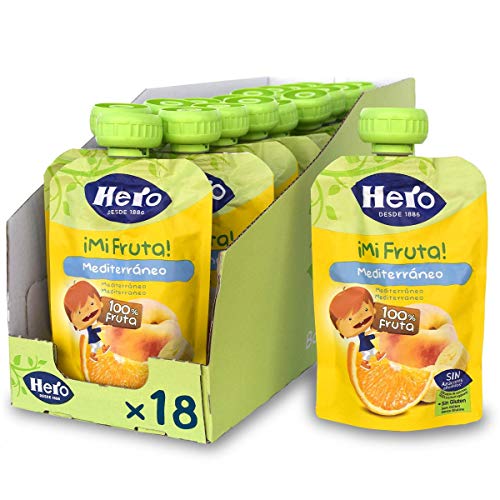 Hero Baby Mi Fruta - Bolsita de Fruta sabor Mediterráneo, Sin Azúcares Añadidos, para Bebés a Partir de los 12 Meses - Pack de 18 x 100 g