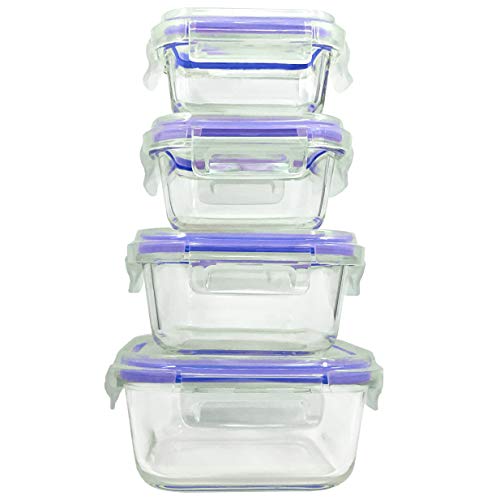 Home Fleek - Envases de Vidrio para Alimentos | 4 Recipientes + 4 Tapas | Herméticos | Sin BPA (Set 4, Cuadrado Azul)