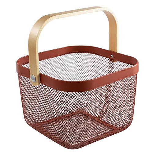 Honton Cesta organizadora de malla de metal portátil con asa de madera para revistas, libros de cocina, despensa, armarios, dormitorios, cuartos de baño, artículos de tocador, color rosa Honton Cesta organizadora de malla de metal portátil con asa de madera para revistas, libros de cocina, despensa, armarios, dormitorios, cuartos de baño, artículos de tocador, color rosa