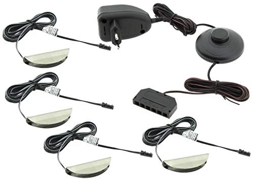 Iluminación LED para suelo de cristal, juego de 2, 4 o 6 clips LED, iluminación de vitrinas, iluminación de armario, incluye fuente de alimentación LED de 230 V (juego de 4 – blanco frío 6500)