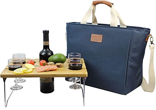 INNO STAGE Bolsa térmica grande con aislamiento de 40 litros, bolsa de transporte de vino, bolsa de picnic con mesa de aperitivos de vino de bambú portátil, azul marino