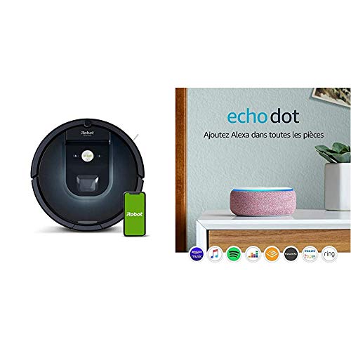 iRobot Roomba 981 - Robot Aspirador, WiFi, Aspiración de Alta Potencia, Dirt Detect, Recarga y Sigue la Limpieza + Echo Dot (3.ª generación) - Altavoz Inteligente con Alexa, Tela de Color Malva