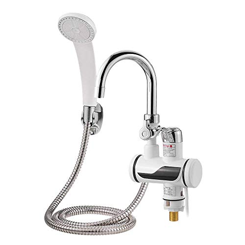 Iycorish Grifo de lavabo con ducha extraíble, cabezal eléctrico e iluminación LED caliente instantánea con indicador de temperatura, enchufe europeo