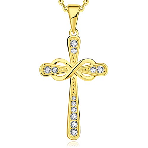 JO WISDOM Collar de Plata de ley 925 Mujer,Colgante Cruz Infinita Crucifijo con 3A Zirconia con Chapado en Oro Amarillo