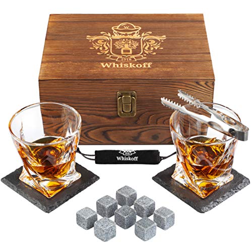 Juego de 2 vasos de whisky Twist. Set de regalo de piedras de whisky Bourbon. Juego de pinzas, posavasos, piedras de enfriamiento y gafas de bar - vaso de whisky en caja de regalo de madera