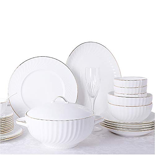 Juego De Vajilla De Porcelana De Hueso De 56 Piezas, Cocina Redonda De Porcelana Blanca para El Hogar, Cuencos Finos Duraderos, Platos, Platos con Borde Dorado, Servicio para 10