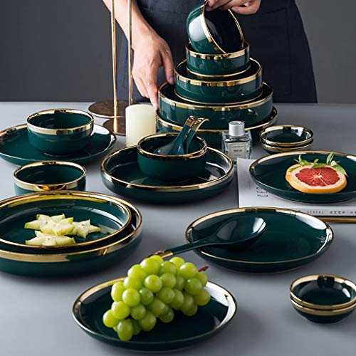 Juegos De Vajillas De Porcelana, 60 piezas juego de combinación de vajilla de estilo nórdico | Juegos de platos y cuencos de porcelana verde esmeralda de lujo claro