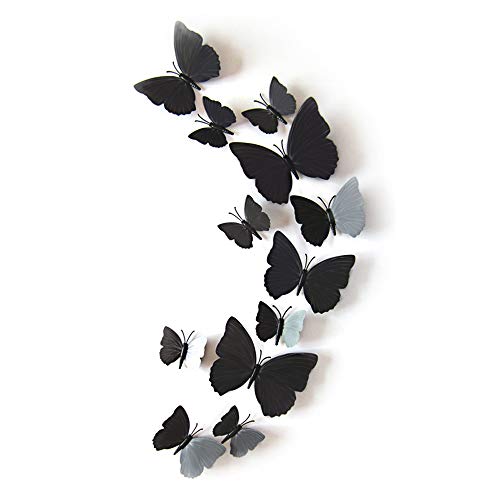 JUN-H 12 Piezas 3D Mariposas de Pared Impermeable PVC Mariposa Inicio DIY Arte de la Pared Decoración el Apartamento, Decoración de la Habitación Puntos de Pegamento+Imán (Negro)