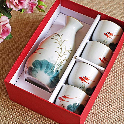 KDOAE Set de Sake 5 Piezas de Sake japonés Copa Conjunto Pintado a Mano Diseño Floral Cerámica Shochu Vajilla Set de Regalo (Color : Floral, Size : Free Size)