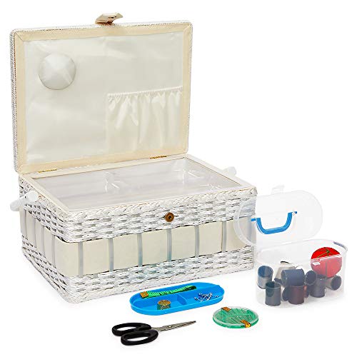 Kit de cesta organizador de costura vintage con suministros y nociones de costura a mano, forma rectangular, 33 x 23 x 15 cm