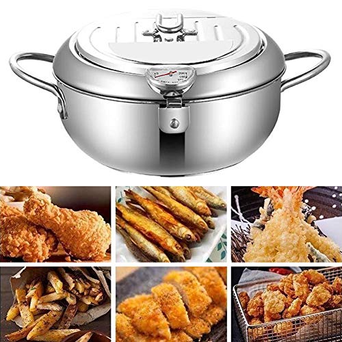 Kitabetty Olla freidora Tempura, Acero Inoxidable Antiadherente Olla de freidora Tempura Mini Sartén Profunda con termómetro y Tapa Olla freidora con escurridor de Aceite, para cocinar en la Cocina