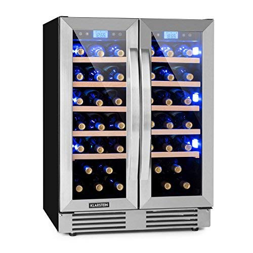 Klarstein Vinovilla Duo42 - Nevera para vinos, Nevera para bebidas, 126 litros, 10 estantes de madera, Control táctil, Iluminación interior LED con 3 colores seleccionables, Dos zonas, Negro
