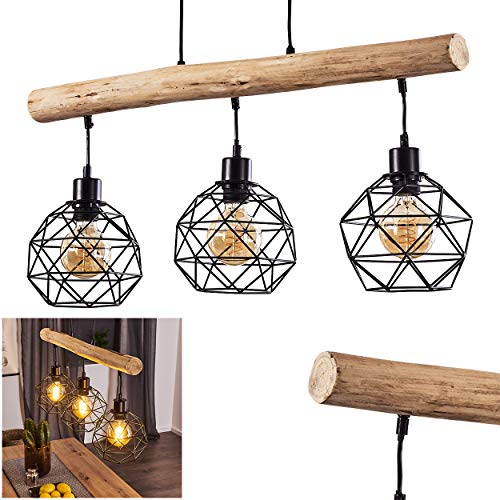 Lámpara colgante Bacabal de metal y madera en negro/natural, 3 focos, 3 bombillas E27 máx. 60 W, altura regulable, diseño de rejilla, apta para bombillas LED