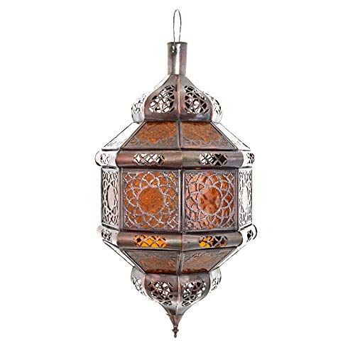 Lámpara de techo oriental de cristal ámbar, árabe, marroquí, de color marrón y cobre antiguo, 45 cm, vintage, marroquí, árabe, oriental, hecha a mano para tu hogar