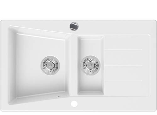 Lavabo Cocina de Granito Blanco, 88 x 52 cm, Fregadero 1,5 Senos + Sifón Automático, Fregadero Empotrado de Primagran