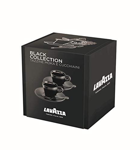 Lavazza Juego de tazas de café de la colección Black, 2 tazas Moka y 2 cucharillas de porcelana, color negro