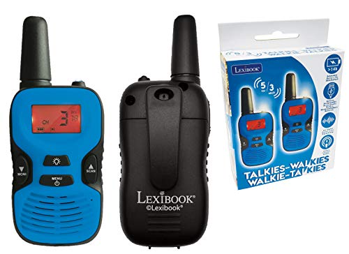 LEXIBOOK- Par de walkie talkies, Rango transmisión de 5km, baterías Recargables, Sonido Digital, Juego de comunicación para Interiores y Exteriores, Clip para cinturón, Color Negro & Azul