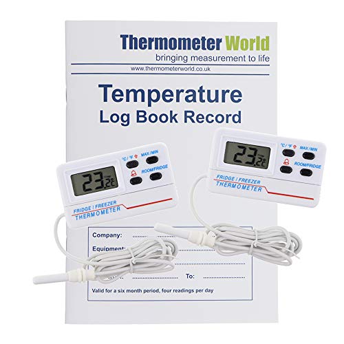 Libro de registro de temperatura con 2 termómetros digitales para nevera y congelador con alarma de temperatura y función máxima mínima y cable de 1,2 m.