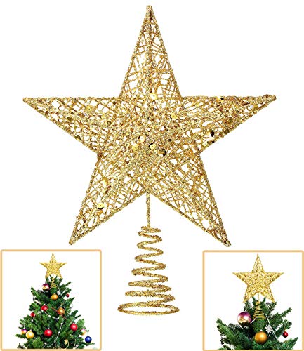 Lodou - Estrella de 5 puntas para copa de árbol de Navidad, decoración para la punta del árbol de navidad, estrella de 20,32 cm con purpurina dorada, adorno navideño para el hogar, fiestas, festivales