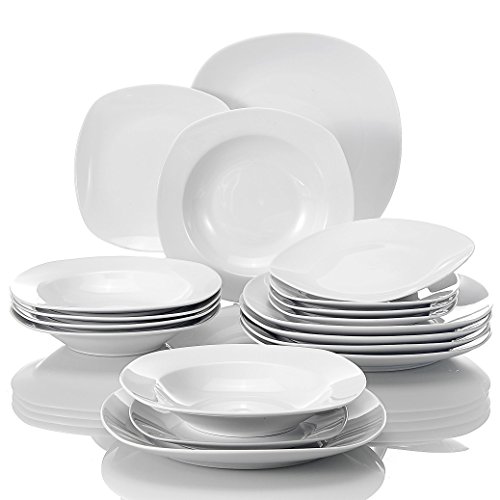 MALACASA, Serie Elisa, 18 piezas juegos de platos vajilla de porcelana blanca con 6 platos de postre, 6 platos de sopa y 6 platos plano para 6persona
