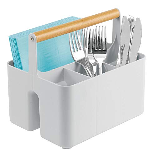 mDesign Caja organizadora para la Cocina – Caja de Almacenamiento portátil con asa de Madera – Cesta organizadora con 4 Compartimentos, Ideal como cubertero y servilletero – Gris/Natural