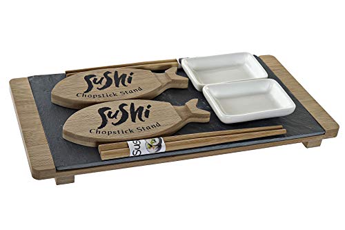 MGE - Set de Sushi - 7 Piezas - Plato de Bambú y Pizarra + Palillos + Reposapalillos + Bol de Soja - 30 x 15 cm