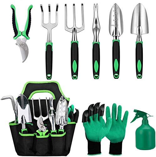 Monodeal - Juego de herramientas de jardín, herramientas de jardín de aluminio, 9 piezas, con bolsa de jardín, guantes de aseo de jardín, desbrozadora, pala de jardín, regalo para hombres y mujeres