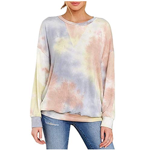 Mujeres Otoño Tops Moda Tie-Dye Imprimir O-Cuello Elegante Manga Larga Tops Casual Sudaderas Sueltas Pullover Toops Hawaianas Estampado Vintage Vestidos T Shirt(S,Café)