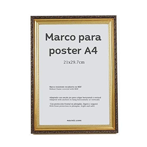 Nacnic - Marco Dorado con Filigrana (A4-21x29.7cm) para apoyar o Colgar en la Pared. Color Oro para Fotos, Diplomas, Dibujos.