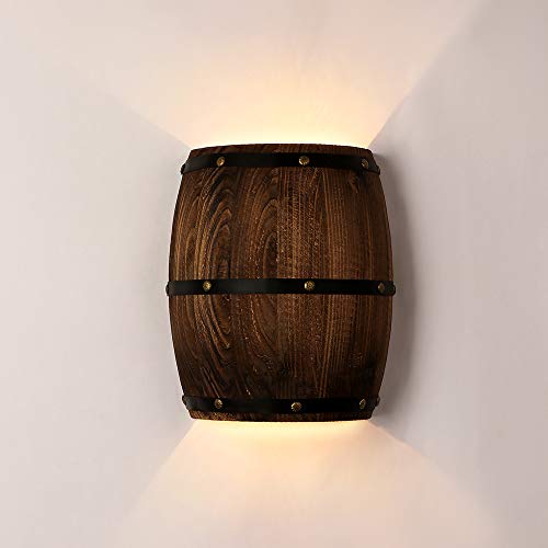 Newrays Antique 2 Tomacorrientes Wood Wine Barrel Aplique de pared Accesorio de iluminación Arriba y abajo Lámparas de pared interiores para el área de la barra Tema Steampunk