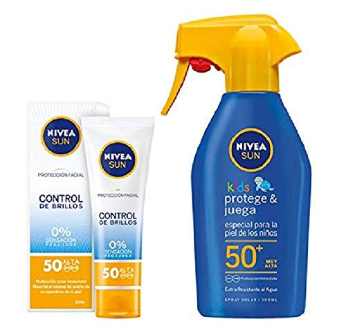 Nivea Sun Kids - Spray Solar Niños Hidratante FP50+ - Protección UV muy alta - 300 ml + Nivea Sun - Crema Solar Facial Control de Brillos FP50 - Protección UV alta - 50 ml